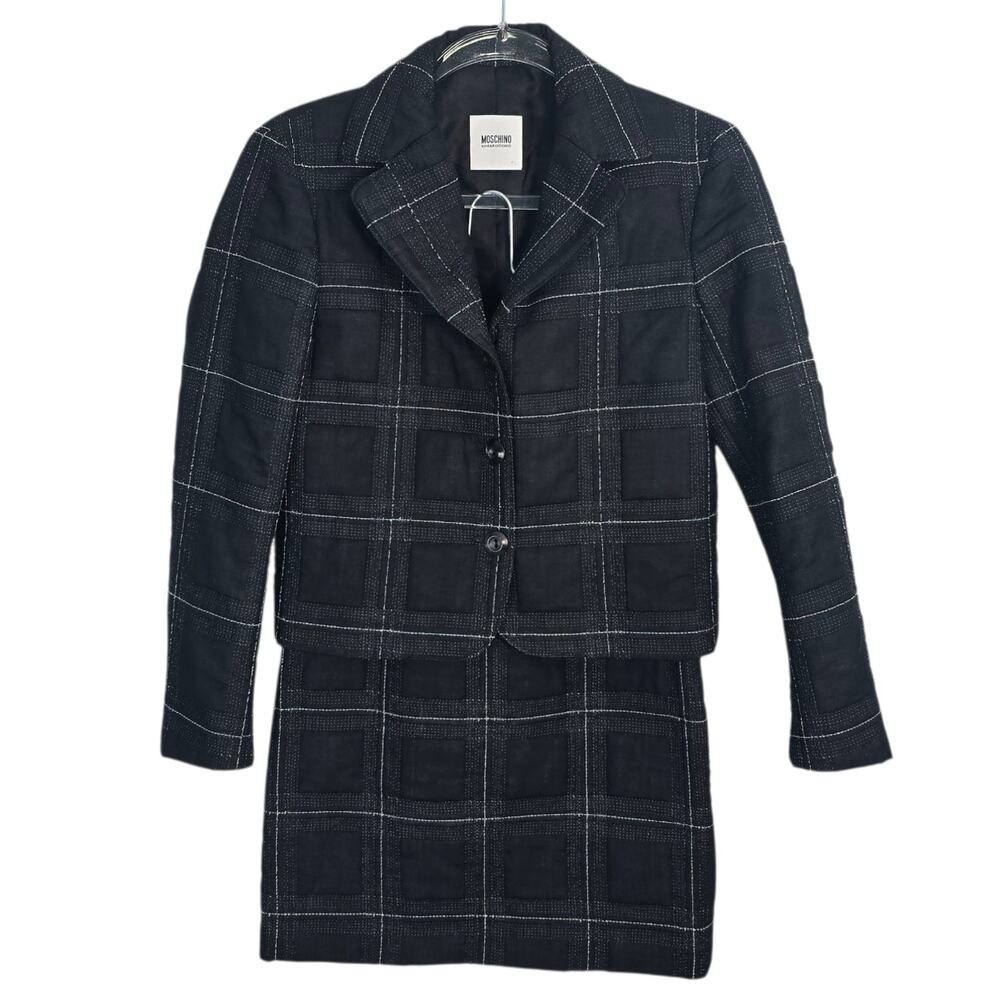 Moschino Cheap & Chic Black Quilted Wool Windowpane Skirt Suit Office Siren US 6